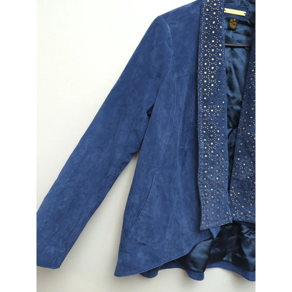 L1 IMAN Genuine Soft Leather Suede Women's Sz M Blue w/Gold Eyelet Collar Jacket